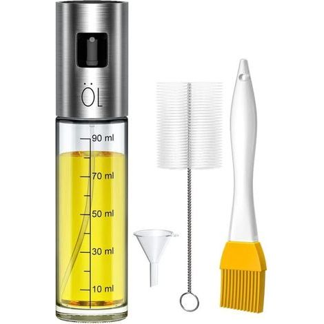 Olivenölsprüher, Olivenöl- und Essigsprüher mit auslaufsicherem Edelstahl-Spender, Glasölflasche mit 2 Pinseln und 1 Trichter zum Kochen/Grillen/Salaten (1/4)