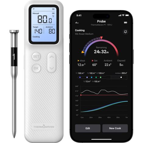 Wireless Bluetooth Smart Meat Thermometer, Base Station, Unlimited Range, Accuracy, App Alerts, for BBQ, Oven, Smoker, BBQ (White) (1/5)