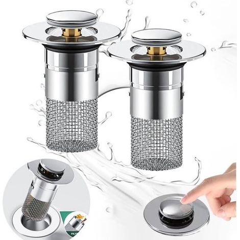 Tapón para lavabo con filtro para cabello (paquete de 2) - Colador de desagüe emergente con cesta de acero inoxidable - Plateado (1/5)