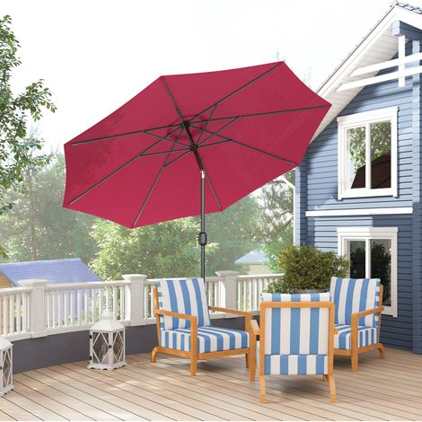 Ombrellone da giardino Outsunny, orientabile e inclinabile, diametro 3 m, telo rotondo in metallo, poliestere 180 g/m², manovella di inclinazione, colore bordeaux.