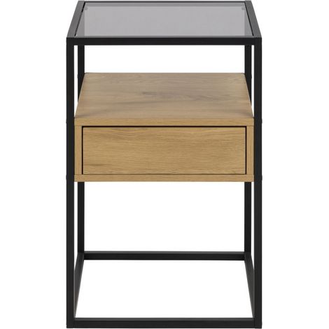 Table de chevet 1 tiroir en verre, bois et métal - Bois clair - Luma (1/5)