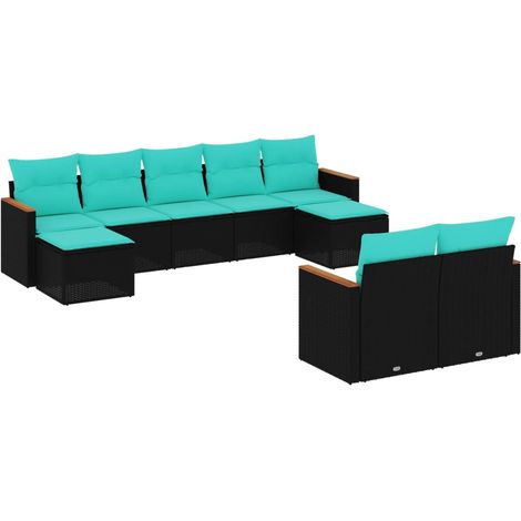 9-teiliges Gartensofa-Set mit Kissen, schwarzes Polyrattan vidaXL (1/5)