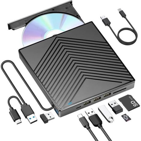 Lecteur Graveur DVD CD Externe USB 3.0 Type-C Ultra Slim 4 USB Ports and 2 emplacements TF-SD EKESOR Noir (1/4)