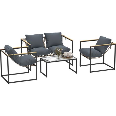 4-teiliges Gartenmöbelset, Lounge-Möbel, 2 Sessel, 2-Sitzer-Sofa, Tisch, gepolstert, Stahl, Polyester, grau