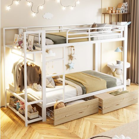 REDOM - Litera 90x200 cm con 2 cajones, estantes, tira LED y barra Metal y MDF Blanco (Sin colchón) (1/5)