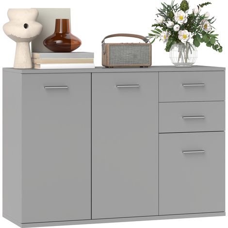 Buffet moderne avec 3 portes et 2 tiroirs, en bois, 106 x 35 x 76 cm, gris clair (1/5)