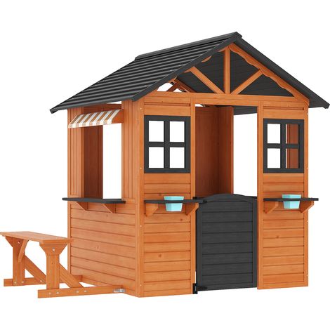 Wiltec Casetta in legno per bambini 178 x 126 x 158 cm in legno di abete, casetta da giardino, casa per giocare con panchina e vasi per fiori (1/5)