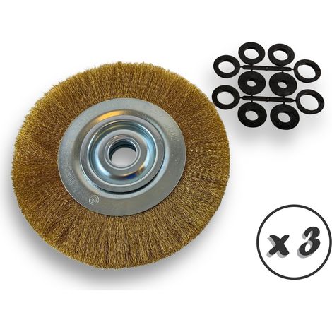 Lot de 3 brosses circulaires LAITON Ø 250 mm Epaisseur 2 rangs Fil souple 0.20 mm ondulé Alésage 32 mm + réducteur bague 25/22/20/16/12 mm Touret affûteuse ponceuse Kibros 231252LVx3