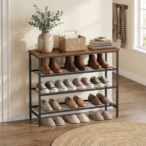 Banc à Chaussures, Rangement pour Chaussures, 4 Niveaux, pour 12 à 16 Paires, Marron et Noir (1/5)