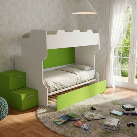 Letto a castello salvaspazio con scala a cassettoni e camminatoio - Bianco e Verde Mela