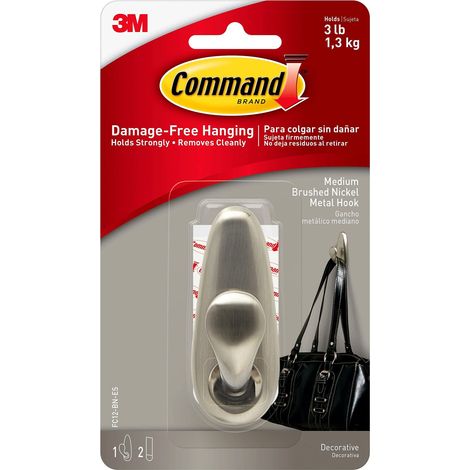 Command Medium Forever Classic Gancio in metallo nichel spazzolato, uso interno, 1 gancio medio in metallo e 2 strisce adesive, organizza senza danni (1/5)