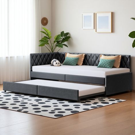 Sofá cama 90x200 cm, cama individual, base extraíble para 2 personas, cama infantil, estructura de cama juvenil, cama multifunción, terciopelo, gris (1/5)