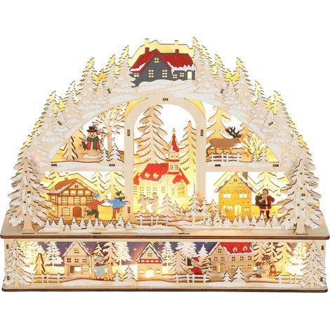 Village de Noël lumineux avec 20 LED, village de Noël animé en arc, fonctionne sur piles, 45 x 10 x 35 cm, bois naturel (1/5)