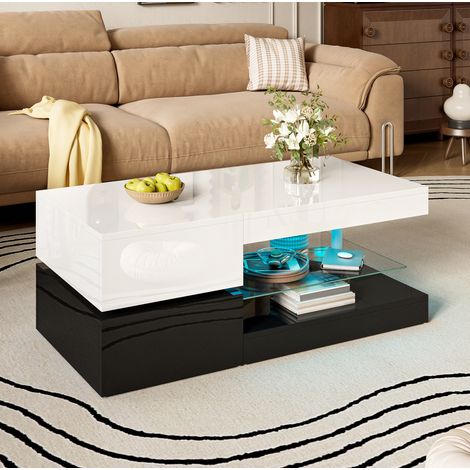 Table basse LED 90x45x35,5 cm noir et blanc en panneau de particules avec plateau en verre, commande APP et Bluetooth (1/5)