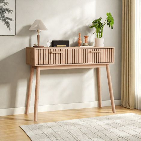 Table Console en bois massif de 100 cm–2 tiroirs–Table d'entrée de style rustique–MDF et panneaux de particules–Pour salon/salle à manger/entrée–Naturel