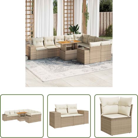 vidaXL Canapé extérieur - Salon de jardin avec coussins 10pcs beige résine tressée acacia (1/5)