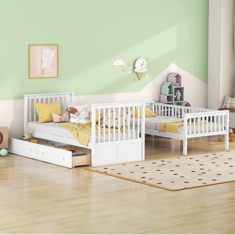 DESVIAE Lit superposé enfant 90 x 200 cm en pin blanc convertible en deux lits de jour avec deux tiroirs, barrières de sécurité, style fonctionnel et gain de place (1/5)