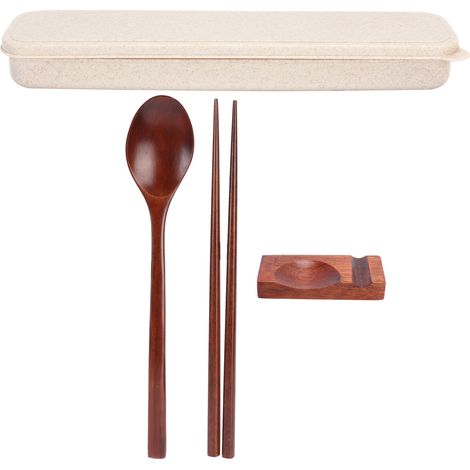 Lot de 4 baguettes et cuillère en bois avec boîte, couverts portables pour bureau école (1/5)