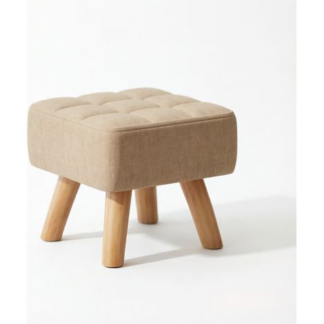 CHICFURN Tabouret pouf carré en tissu marron clair avec assise capitonnée, repose-pieds compact, siège d'appoint avec pieds en bois, idéal chambre et coiffeuse (1/5)