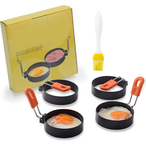 Ensemble de 5 anneaux à œufs avec brosse, en acier inoxydable épais et manche en silicone, pour la cuisson des œufs et la fabrication de moules à omelettes ronds antiadhésifs. (1/5)