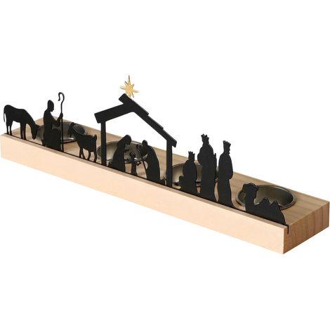 Teelichthalter Krippen Figuren schwarz - 29 x 6 cm - Weihnachtsdorf Silhouette mit Haltern für 4 Teelichter - Weihnachten Advent Winter Kerzen Ständer Tisch Fenster Deko Schattenspiel