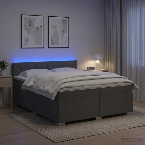 Cama con Base Tapizada, Colchón y Luz LED Gris oscuro Tela (1/5)