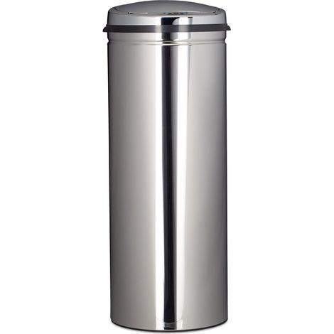 Poubelle cuisine en inox 50 litres bac à ordures en métal 80 cm de hauteur 30 cm de diamètre couvercle rond, argenté