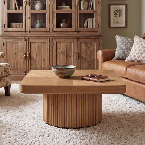 Mesa de centro - 78 x 78 x 38 cm - tablero cuadrado redondeado grueso, base cilíndrica acanalada, estilo rústico moderno, madera maciza y mdf - natural (1/5)