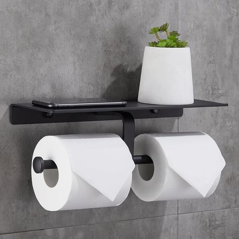 Porte Rouleau de Papier Toilette Hygiénique sans Perçage avec Etagère de Téléphone Portable Support Mural Double pour Salle de Bains (Noir) (1/5)