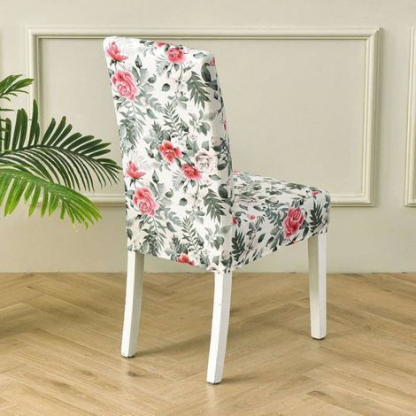 Housses de chaise - 6Pcs - Extensibles - Polyester - Motif Fleurs Vert Rose (1/5)