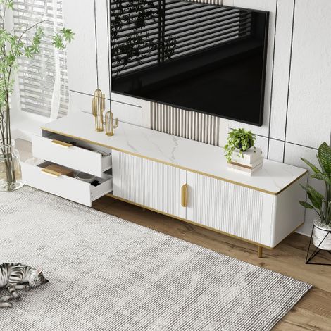 Meuble TV Lowboard 170cm Blanc et Doré, Effet Marbre avec Portes Sculptées et Poignées Dorées, 2 Tiroirs et Rangements, Design Élégant pour Salon (1/5)