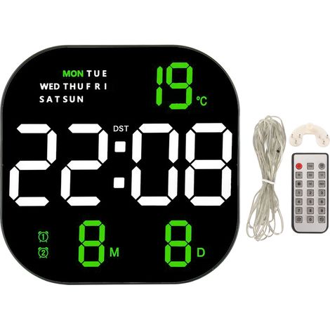 Horloge numérique à grand écran LED, télécommande USB 5V, affichage multifonction de la température et du mois, horloge électronique lumineuse pour bureau ou salon, deux couleurs d'éclairage vert. (1/5)
