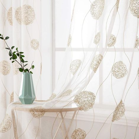 Rideau Voilage Blanc avec Or Motif Broderie 140 x 225 cm (1/5)