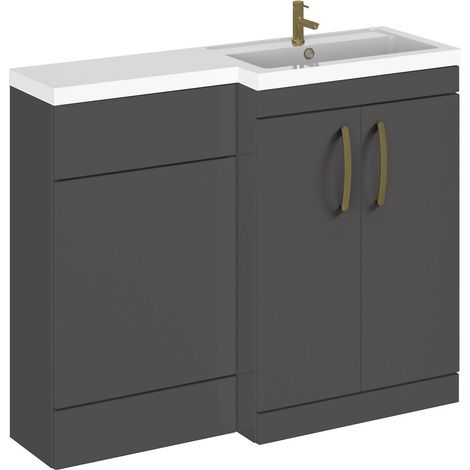 Balterley Right-Hand Bathroom Vanity and WC Unit Combination with Basin - 1100mm - Gloss Grey with Brushed Brass Handles (1/5)