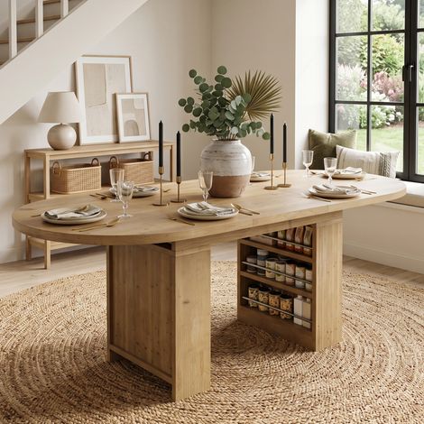 Mesa de comedor extensible de 150/200x90 cm para 6 a 8 personas con espacio de almacenamiento, estilo escandinavo, MDF de roble (1/5)