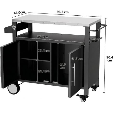 Chariot de barbecue extérieur 2 portes, table de grill avec rangement, bar roulant, support BBQ avec crochets et porte-épices, noir, pour accessoires de cuisson (1/5)
