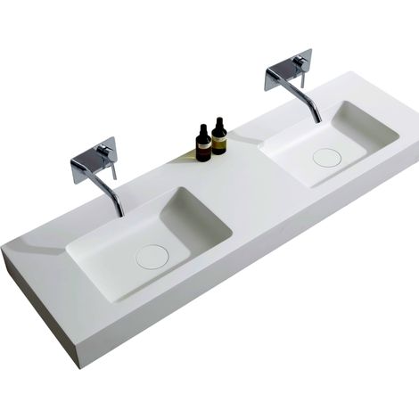 BERNSTEIN - Double Vasque murale suspendue en fonte minérale Blanc mat avec bonde, sans consolle de salle de bain - 153x45x12cm - BA8015