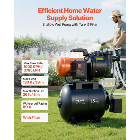 Groupe de Surpression 735 W Pompe avec Réservoir de Pression 19 L pour Puits Peu Profonds Arrosage Jardin, 3785 L/h, avec Filtre, Clapet Anti-retour, Surpresseur Auto, Pressostat 1,4-2,8 bar (1/5)
