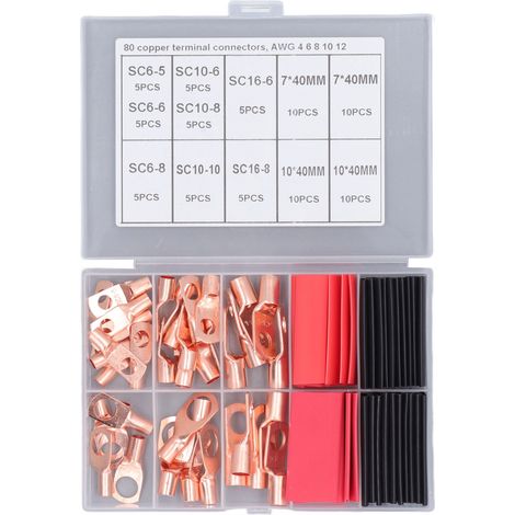 80 pièces cosse à œillet en cuivre rouge pour batterie, câble électrique, jeu de connecteurs à sertir avec gaine thermorétractable (1/5)