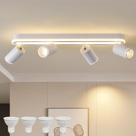 Spot de Plafond à LED 4 Flammes 36W+4x5W GU10 spots,3000K,Blanc Plafonnier avec Incandescence Inférieure Orientable 350° spots,Blanc Chaud Applique Plafond,Lampe de Plafond Pour Cuisine (1/5)