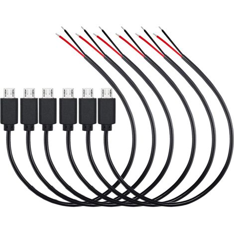 Lot de 6 câbles d'alimentation Micro USB 30 cm 22 AWG Fiche micro USB 5 V 3 A vers fil nu 2 broches Extrémité ouverte Pour lampes LED fans
