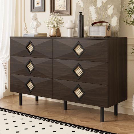Elégante Coiffeuse 6 Tiroirs avec Poignée en Rotin, pour la Chambre à coucher & le Salon - Espace de Rangement Pratique & Stabilité