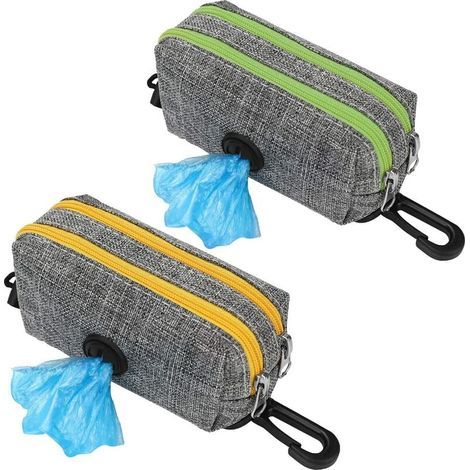Dispensador de bolsas para excrementos de perro con 2 cremalleras, cierre de resorte y gancho resistente de tela Oxford para perros, ideal para pasear, correr y hacer senderismo (2 unidades). (1/5)