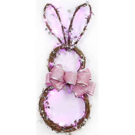 Guirlande Lapin De Pâques - Guirlande En Rotin Avec Nœud Rose Et LED - Décoration Extérieure Pour Porte D'Entrée - 1 Pièce (1/5)