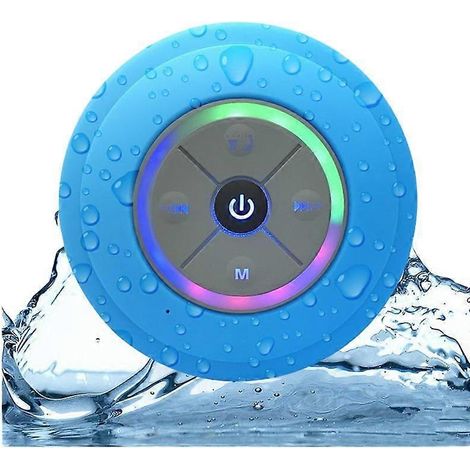 Enceinte de douche Bluetooth résistante à l'eau, haut-parleur mains libres portable, boutons de commande et ventouse dédiée pour la douche (bleue) (1/3)