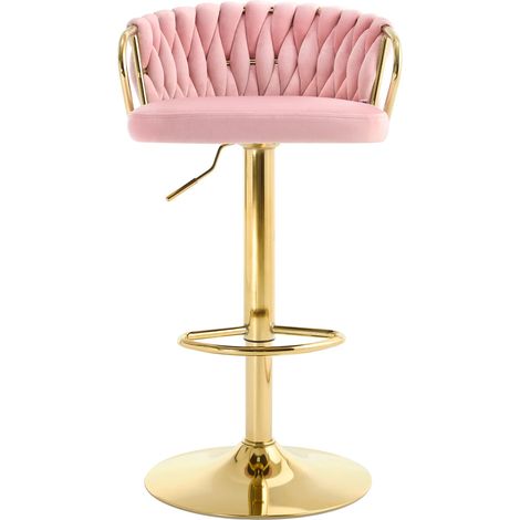 Tabouret de bar réglable en velours rose avec dossier et repose-pieds (1/5)