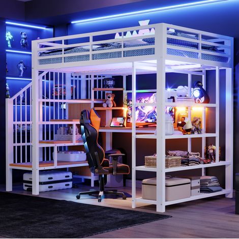 Cama alta 140x200 con escritorio y almacenaje OKMYHOME (1/5)