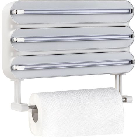 Distributeur Papier Aluminium et Film avec Port Essuie Tout - Magnétique et Murale sans Percer, Derouleur Film Alimentaire avec Coupeur pour Cuisine, Support Sopalin 4-en-1, Blanc (1/5)