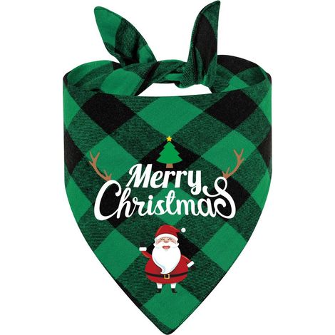 Bandana de Noël pour chien, écharpe à carreaux en coton, motif Père Noël et bonhomme de neige, rouge et vert, taille L 65 x 45 x 45 cm, Père Noël vert et noir (1/4)