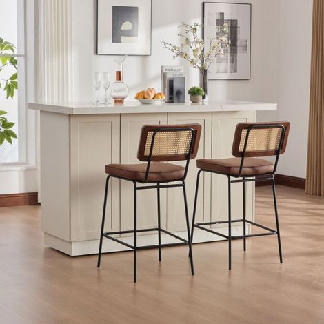 Lot de 2 Tabourets de Bar revêtement PU effet vintage dossier à cadre bois effet rotin pieds métal laqués sans accoudoirs (1/5)